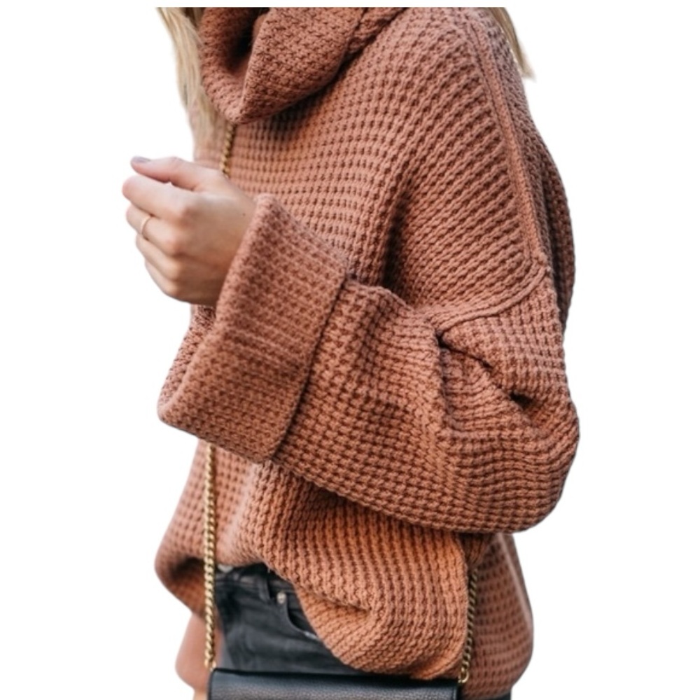 Free People Chunky Knit Cowl Turtleneck Sweater in Rust